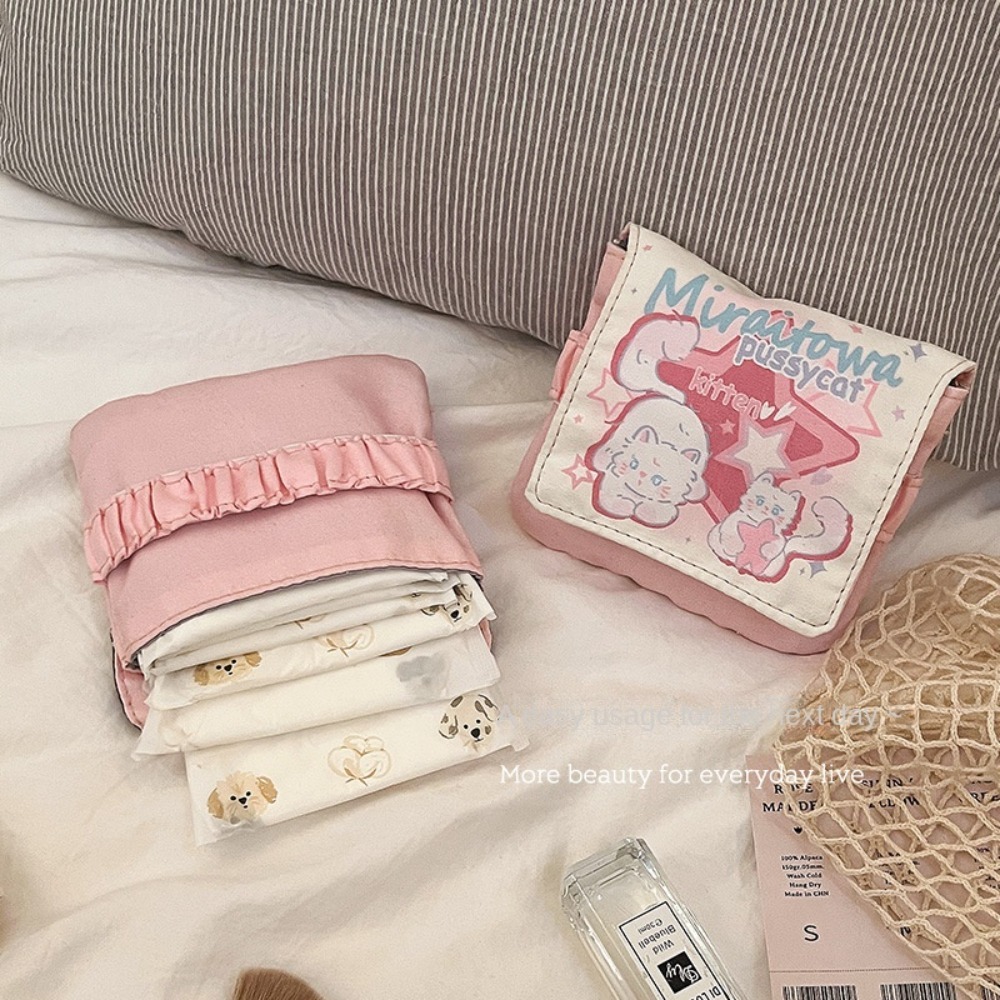Cable Organizer - กระเป๋าใส่สายเคเบิลขนาดเล็ก กระเป๋าใส่ผ้าอนามัยอเนกประสงค์ ความจุขนาดใหญ่ กระเป๋าเครื่องสำอาง กระเป๋าใส่ผ้าอนามัยลายการ์ตูนแมวน้อย กระเป๋าเก็บของ